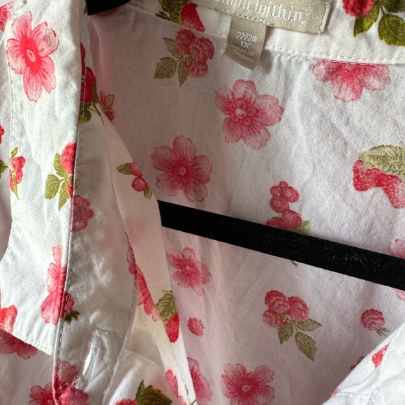 Woman Within White Button-Down Top with Pink Floral & Green Leaf Print - Picture 2 of 6